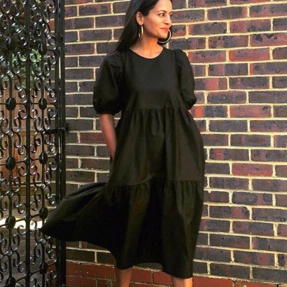 Zara Poplin Tiered Puff Sleeve Midi Dress Black Size XS - Picture 5 of 11